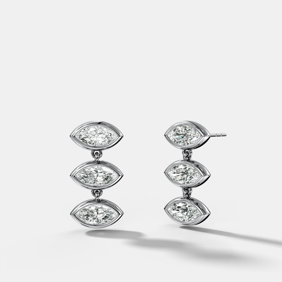 Three Stone Bezel Drop Earrings with East West Marquise Cut Diamonds