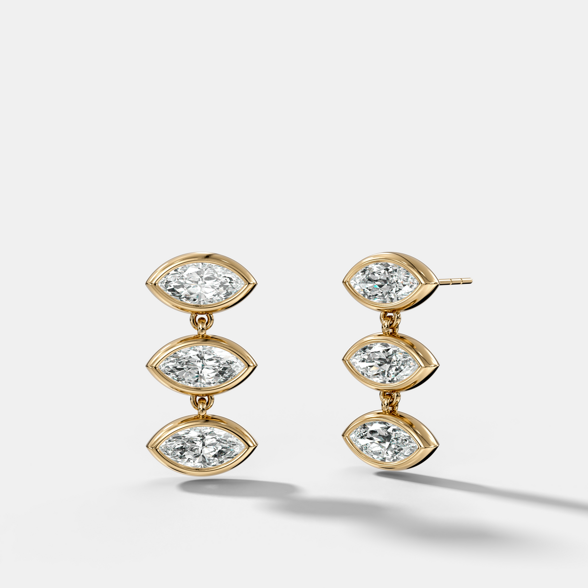 Three Stone Bezel Drop Earrings with East West Marquise Cut Diamonds