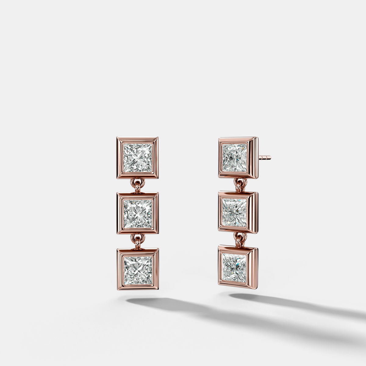 Three Stone Bezel Drop Earrings with Princess Cut Diamonds