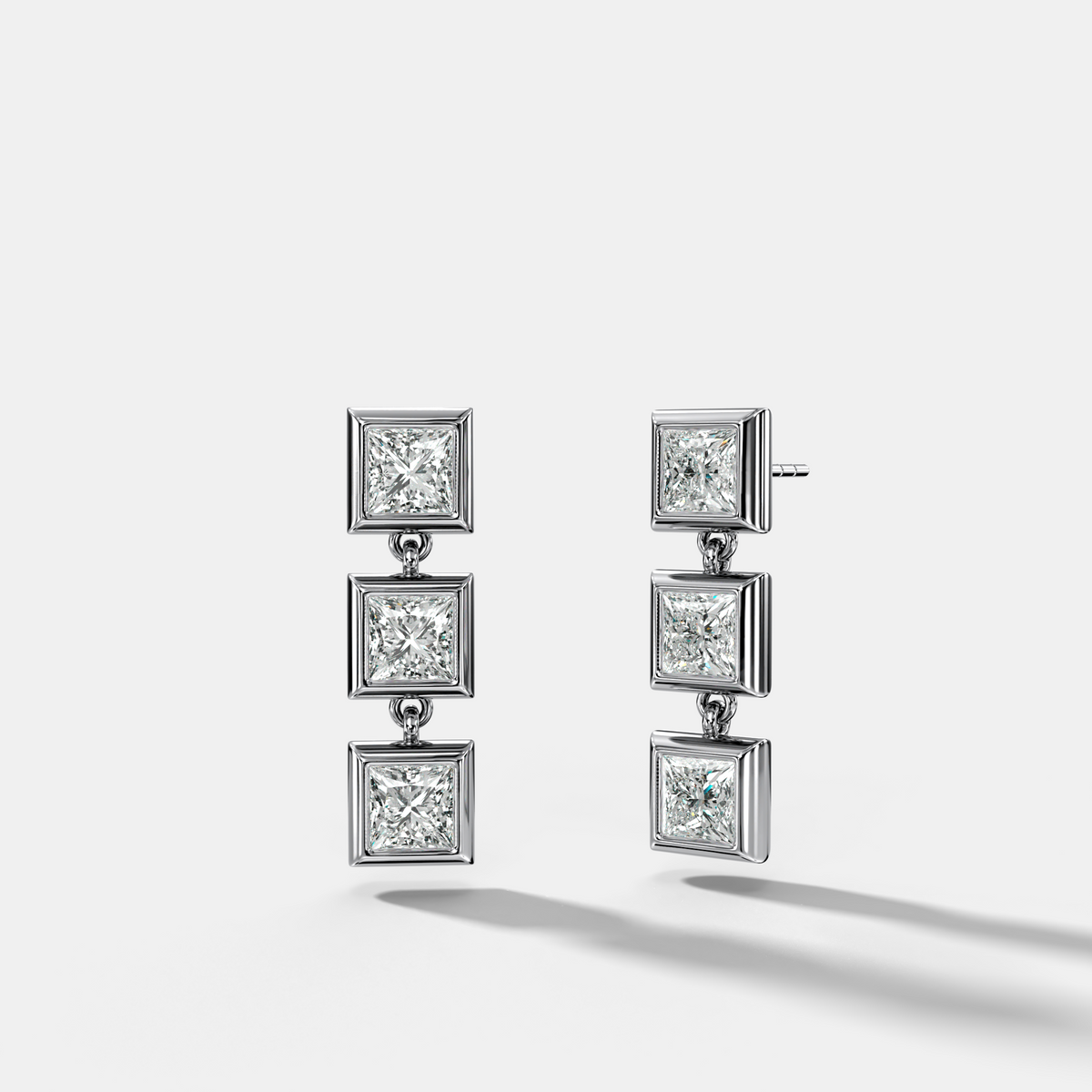 Three Stone Bezel Drop Earrings with Princess Cut Diamonds