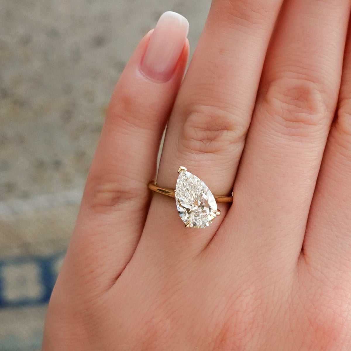 Tilted Thin + Simple Engagement Ring with 3.00ct Lab Grown Pear Cut Diamond - GOODSTONE