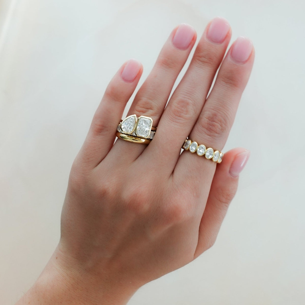 Toi et Moi Bezel Engagement Ring with Pear and Elongated Radiant Cut Diamonds - GOODSTONE