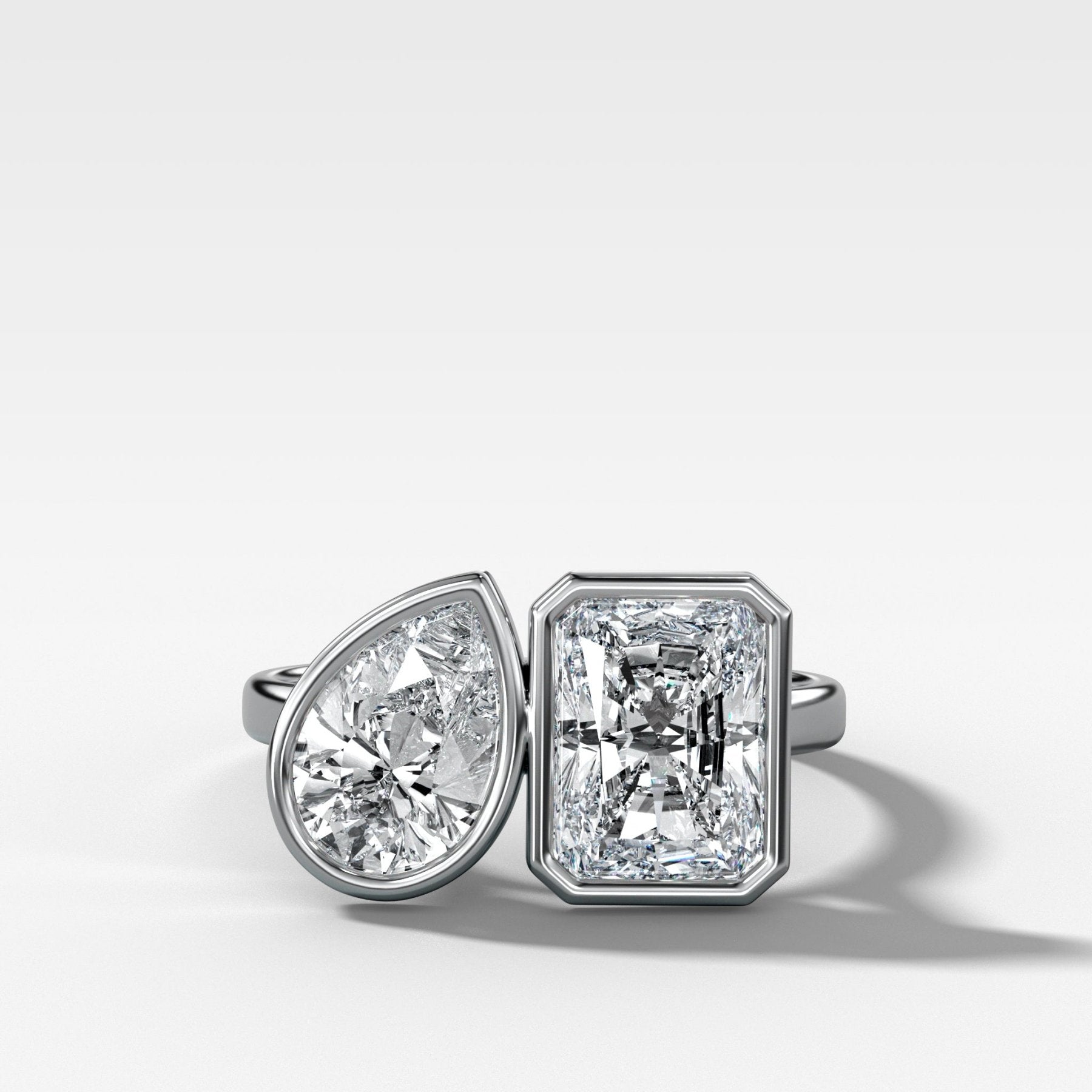 Toi et Moi Bezel Engagement Ring with Pear and Elongated Radiant Cut Diamonds - GOODSTONE