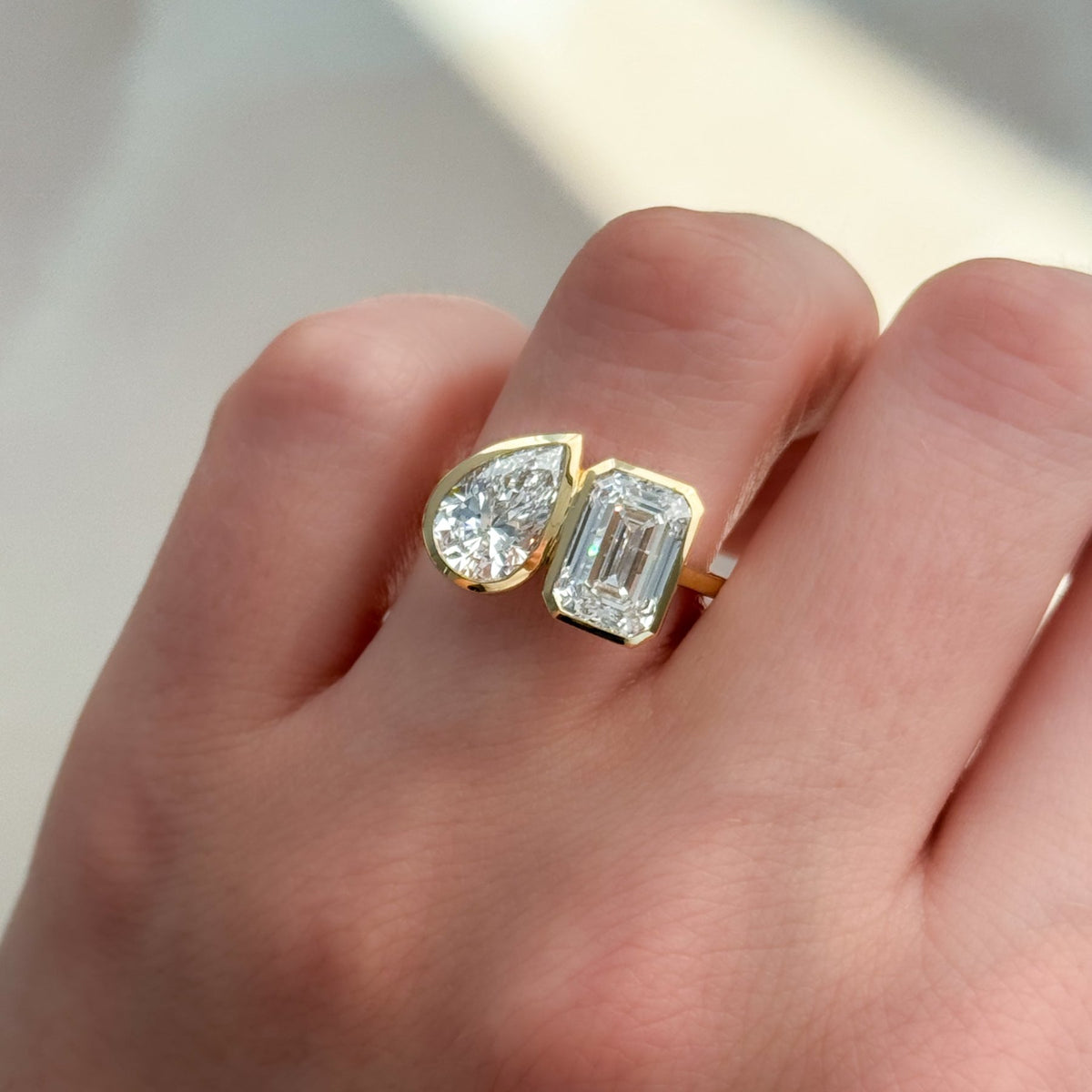 Toi et Moi Bezel Engagement Ring with Pear and Emerald Cuts - GOODSTONE