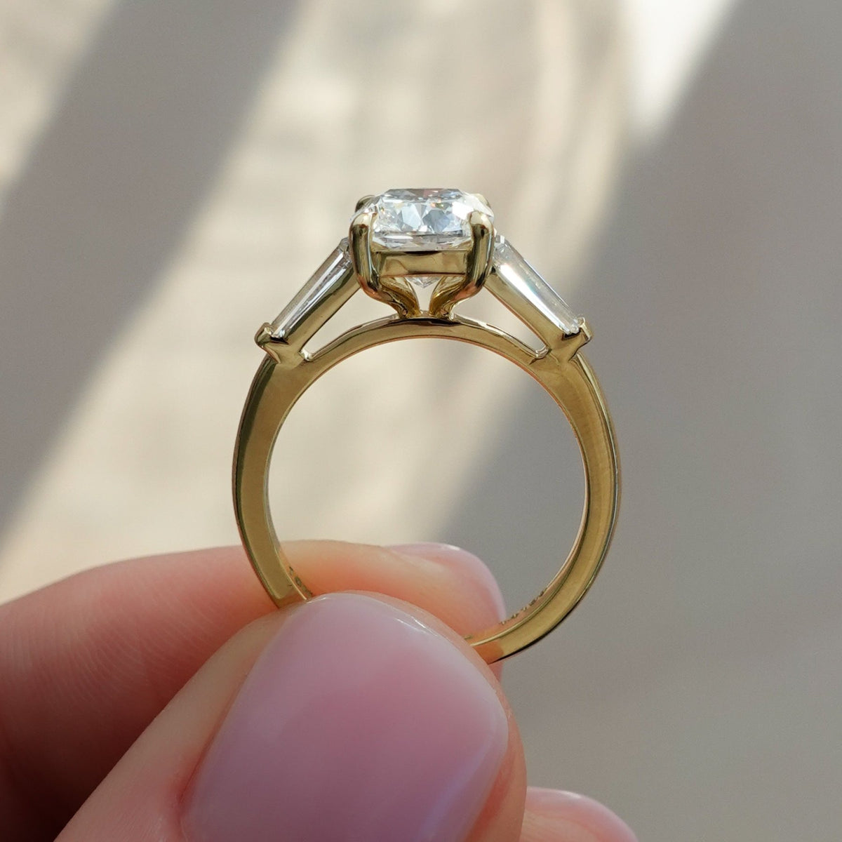 Translunar Tapered Baguette Engagement Ring With 2.02ct D/IF Elongated Cushion Cut Diamond - GOODSTONE