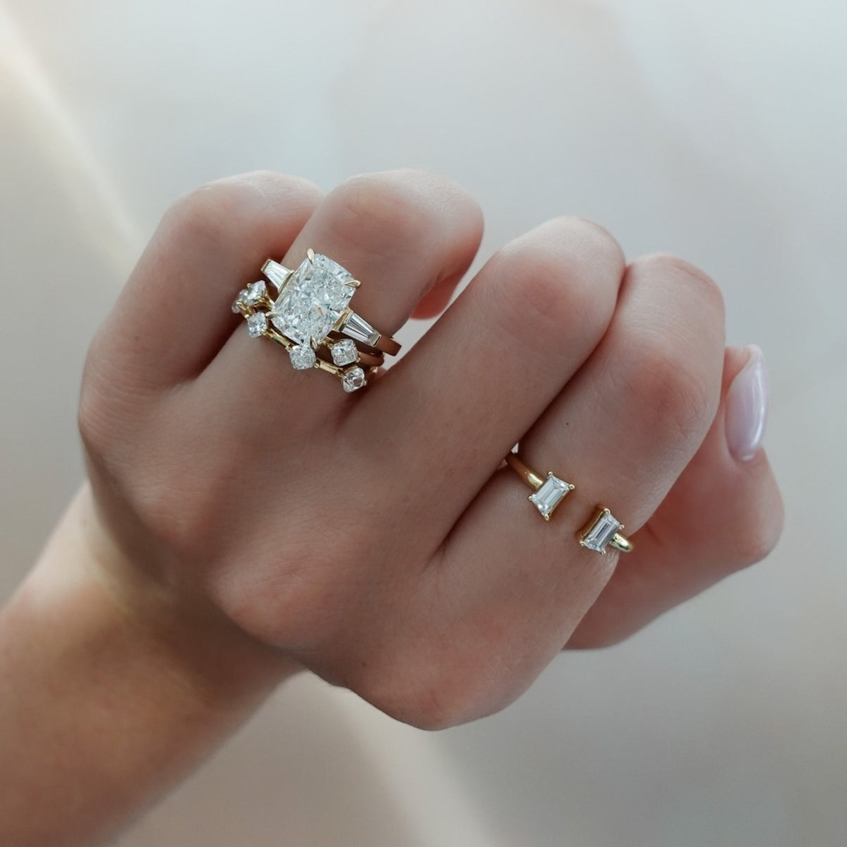 Translunar Tapered Baguette Engagement Ring With Elongated Cushion Cut Diamond - GOODSTONE