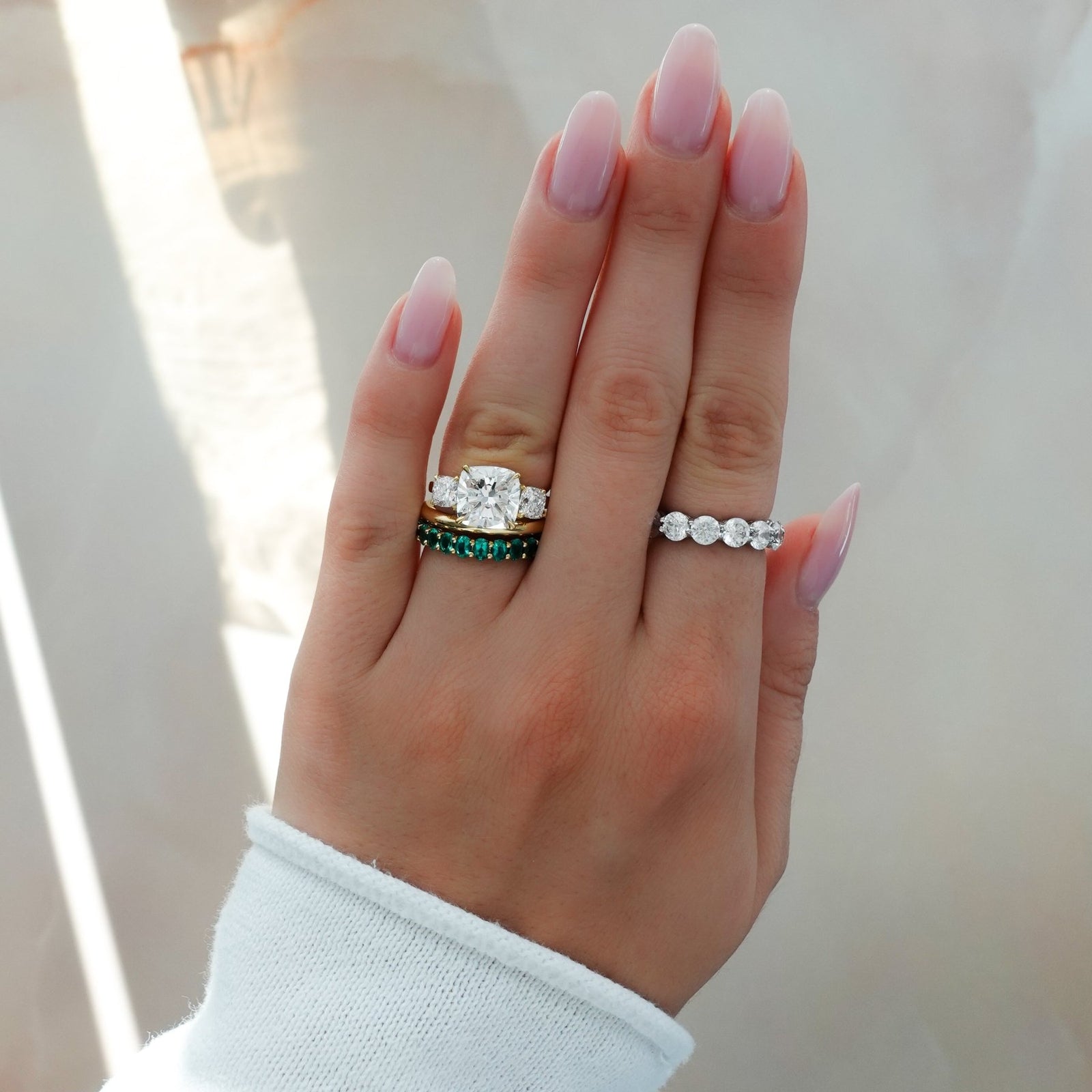 Triad Engagement Ring With Cushion Cut Diamonds - GOODSTONE