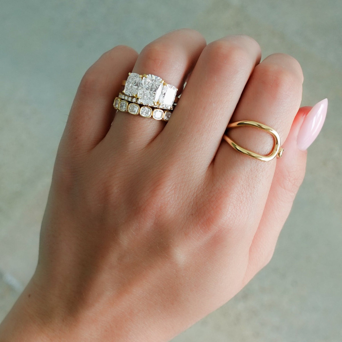 Triad Engagement Ring With Elongated Cushion Cut Diamonds - GOODSTONE