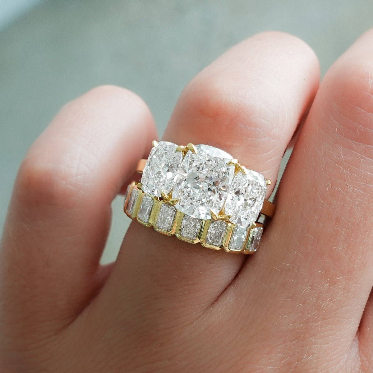 Triad Engagement Ring With Elongated Cushion Cut Diamonds - GOODSTONE