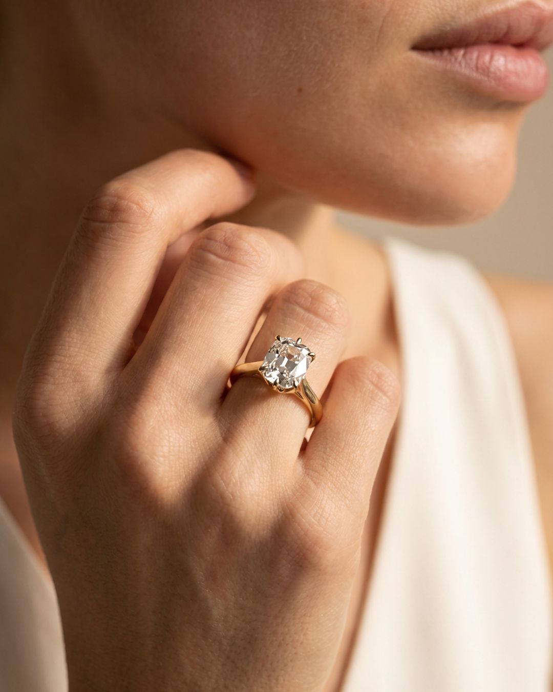 Tulip Basket Cathedral Engagement Ring with Elongated Old Mine Cut Diamond - GOODSTONE