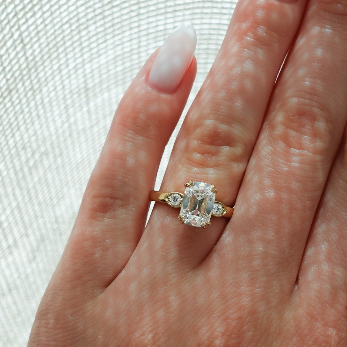 Vintage Ridge Shank Diamond Engagement Ring With Elongated Old Mine Cut Diamond - GOODSTONE