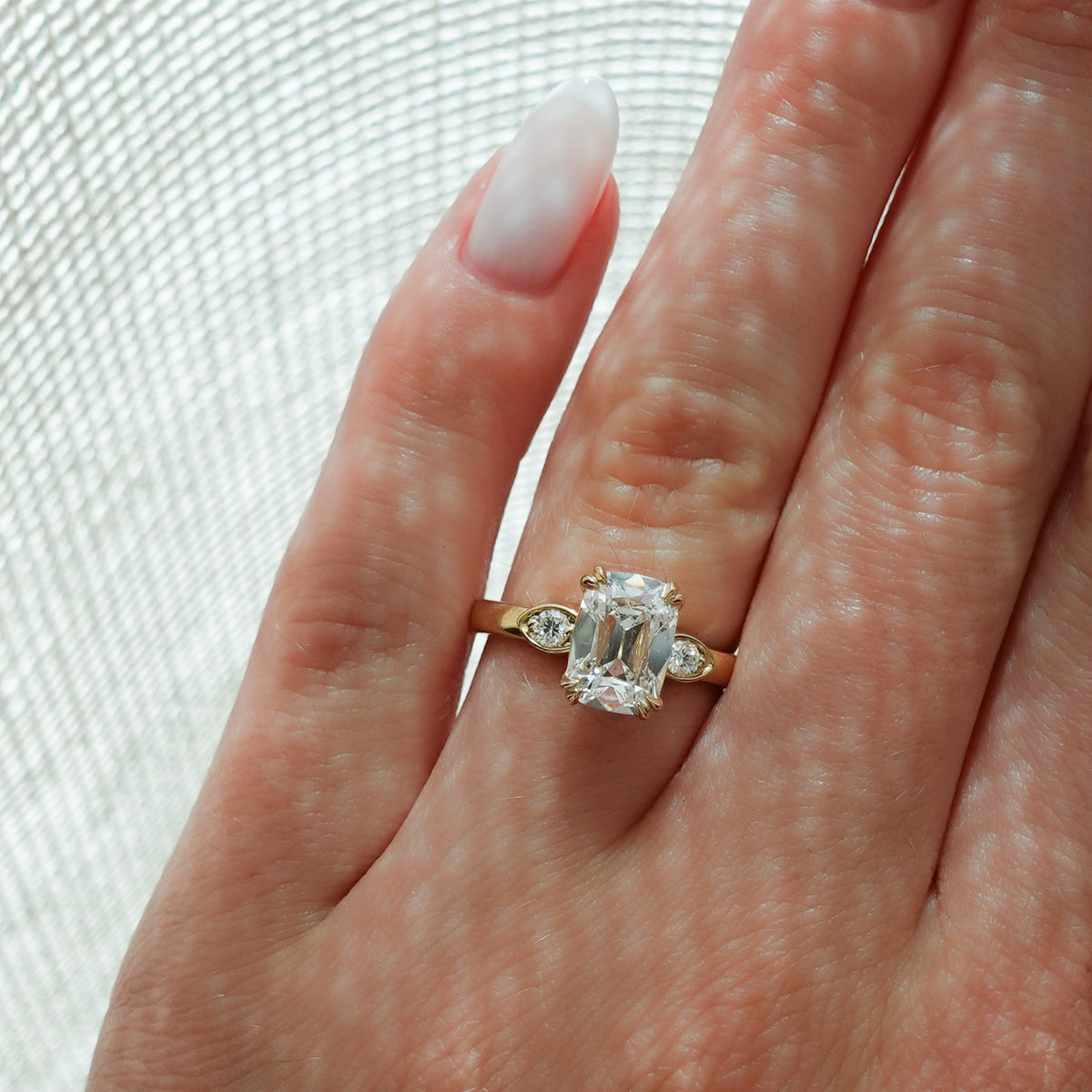 Vintage Ridge Shank Diamond Engagement Ring With Elongated Old Mine Cut Diamond