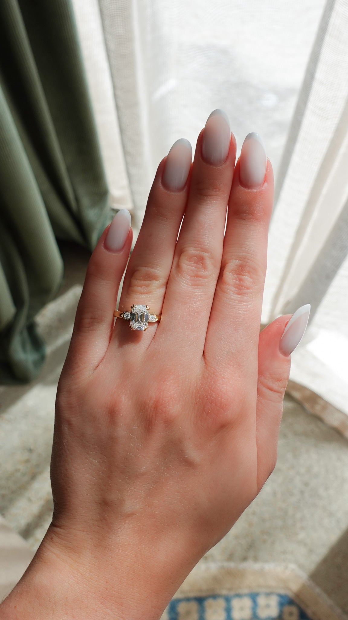 Vintage Ridge Shank Diamond Engagement Ring With Elongated Old Mine Cut Diamond