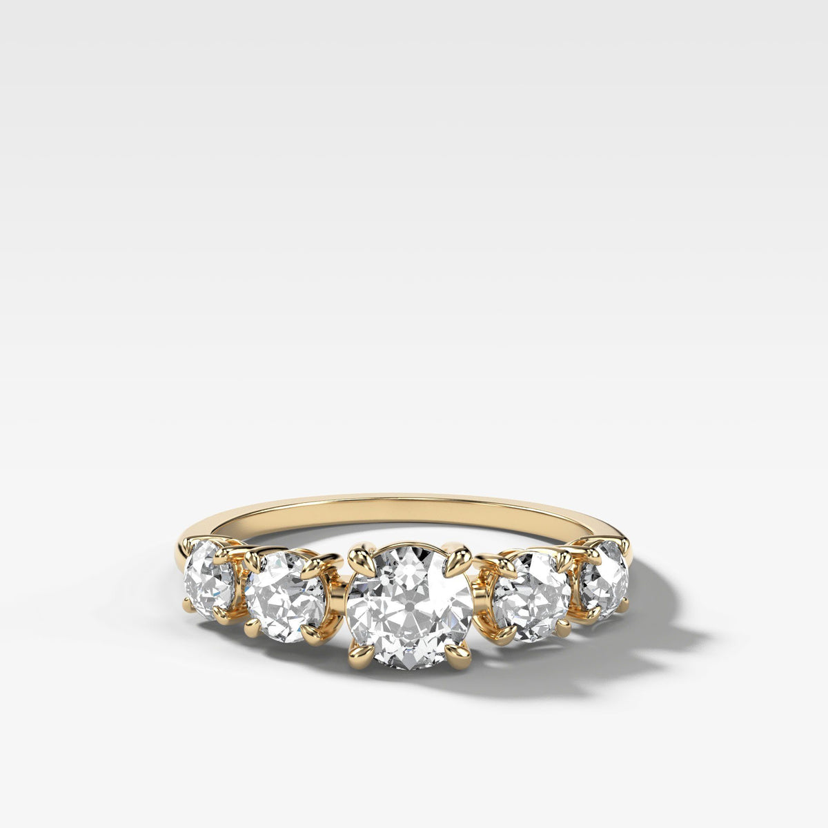 Graduated Five Stone ring with Old Euro Cut Diamonds by Good Stone in Yellow Gold