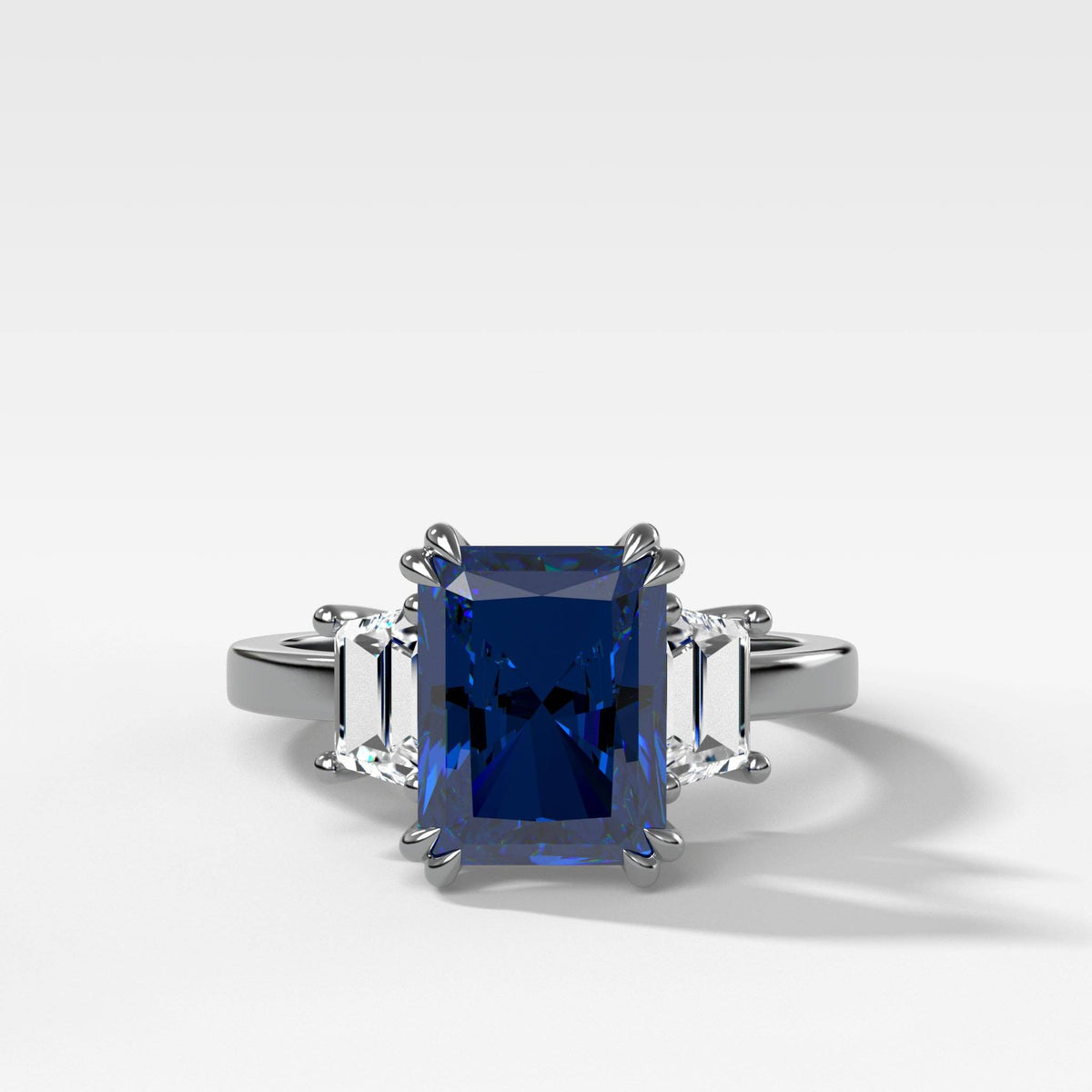 Sapphire Radiant Cut With Trapezoid Side Stone Engagement Ring by Good Stone in White Gold