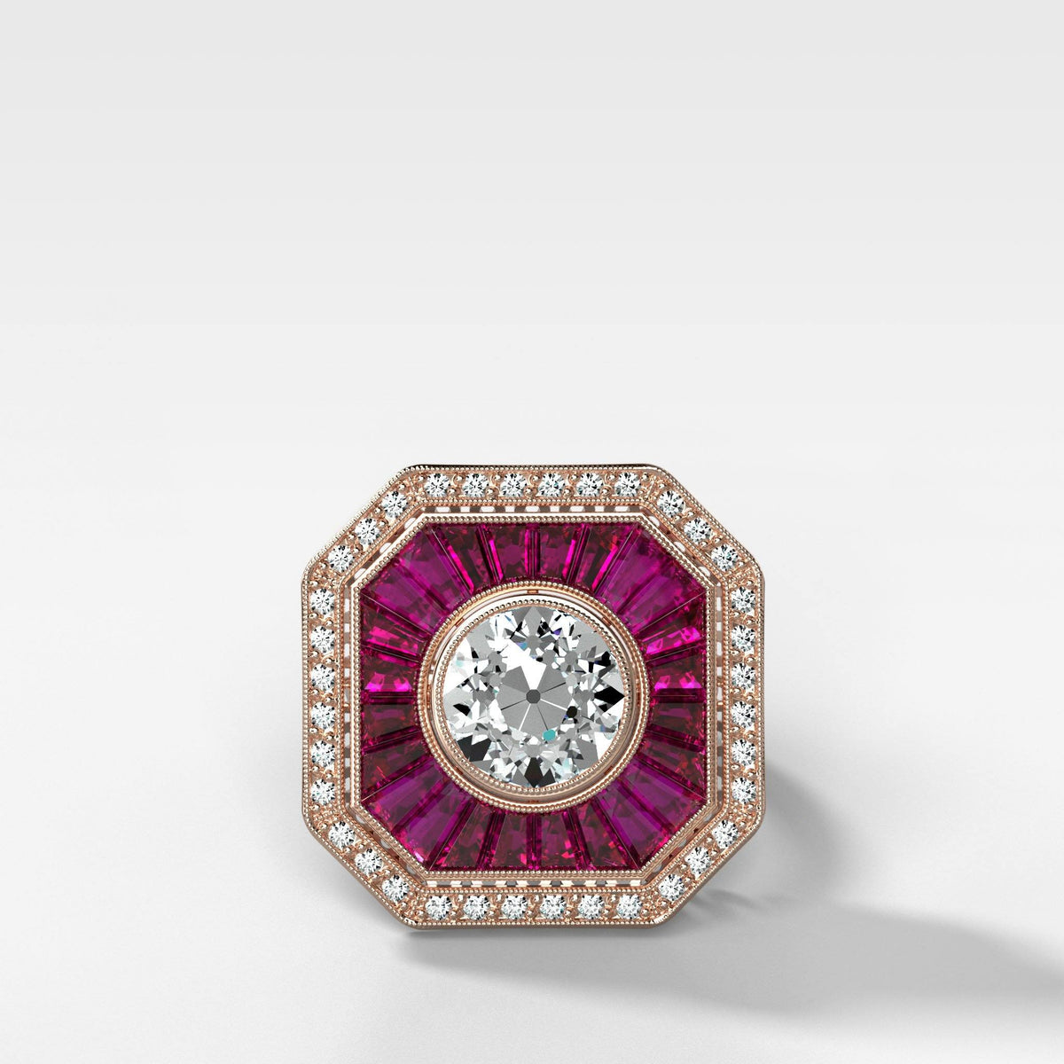 Vintage Ruby And Diamond Two Tone Art Deco Halo Setting by Good Stone in Rose Gold