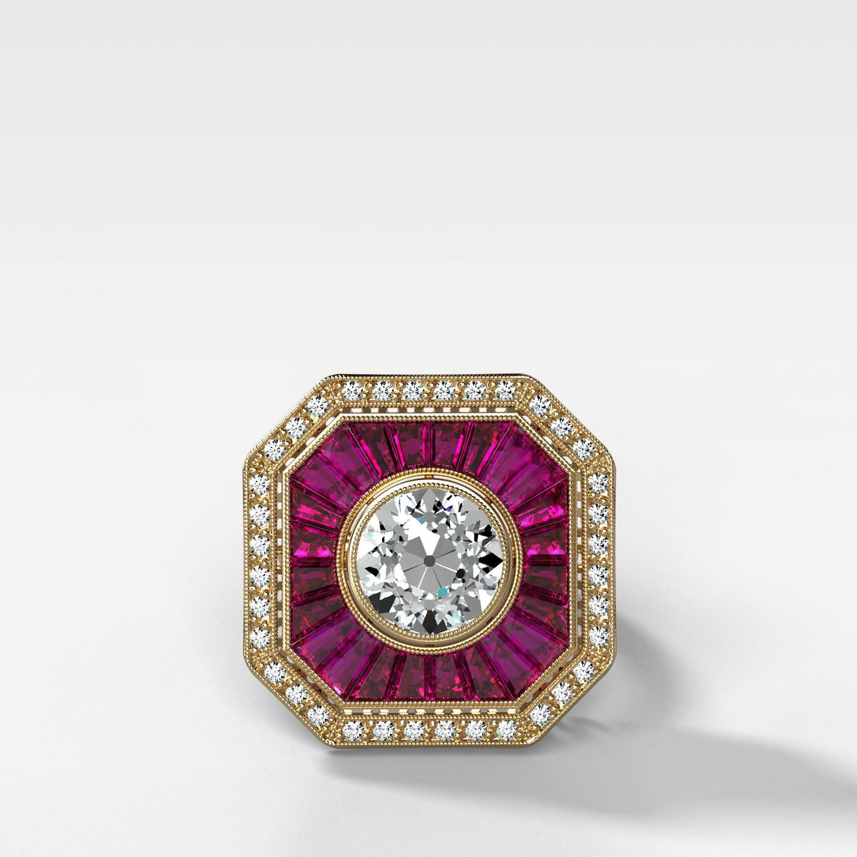 Vintage Ruby And Diamond Two Tone Art Deco Halo Setting by Good Stone in Yellow Gold