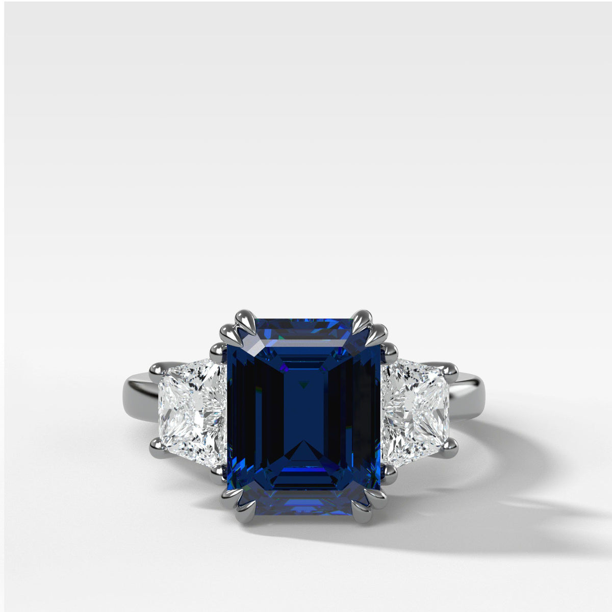Sapphire Emerald Cut With Trapezoid Side Stone Engagement Ring by Good Stone in White Gold