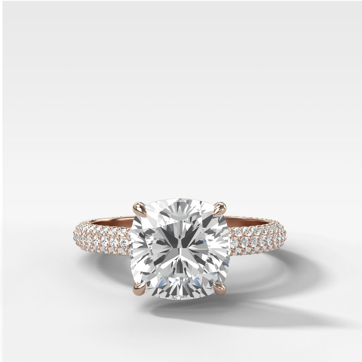 Triple Row Pavé Engagement Ring With Cushion Cut by Good Stone in Rose Gold
