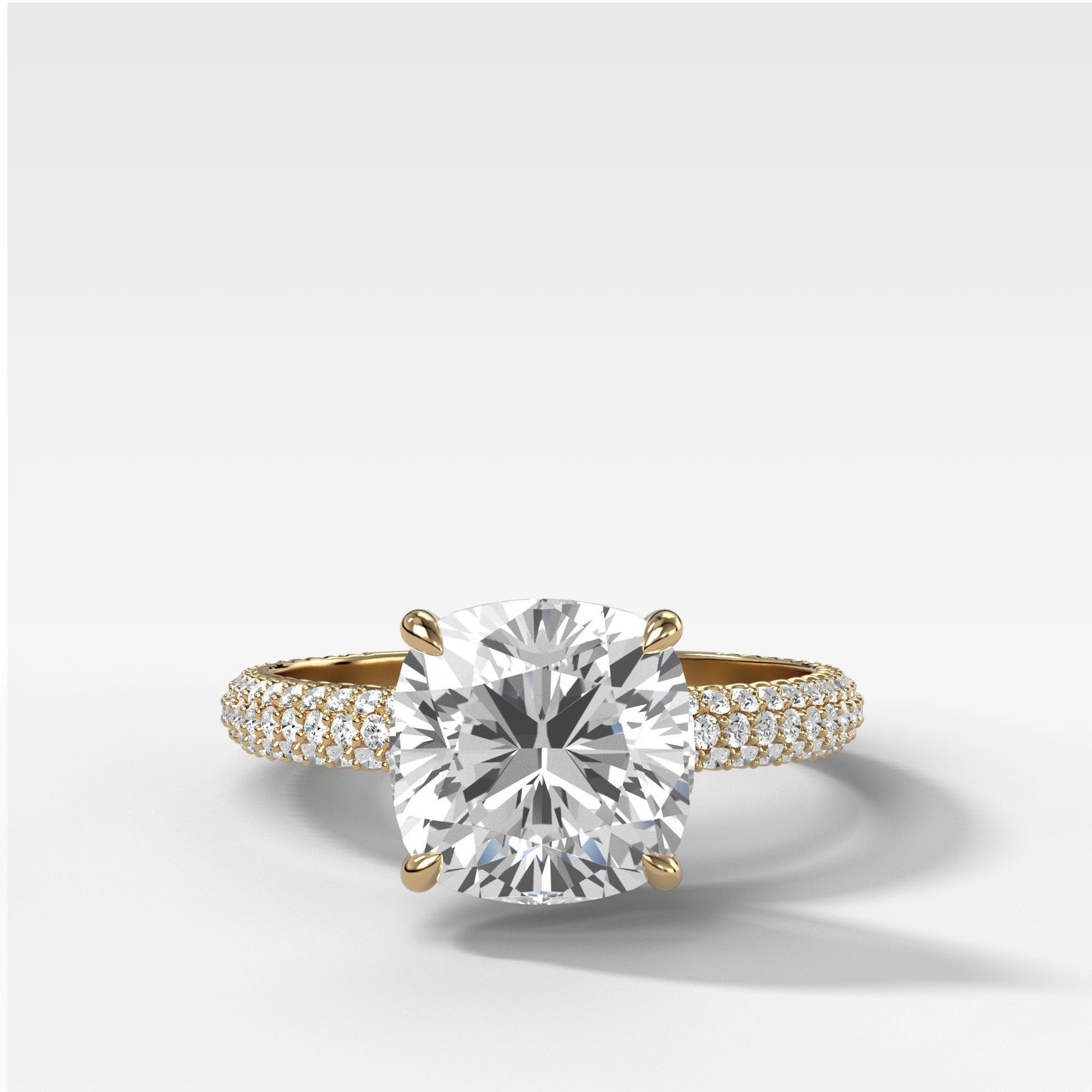 Triple Row Pavé Engagement Ring With Cushion Cut by Good Stone in Yellow Gold