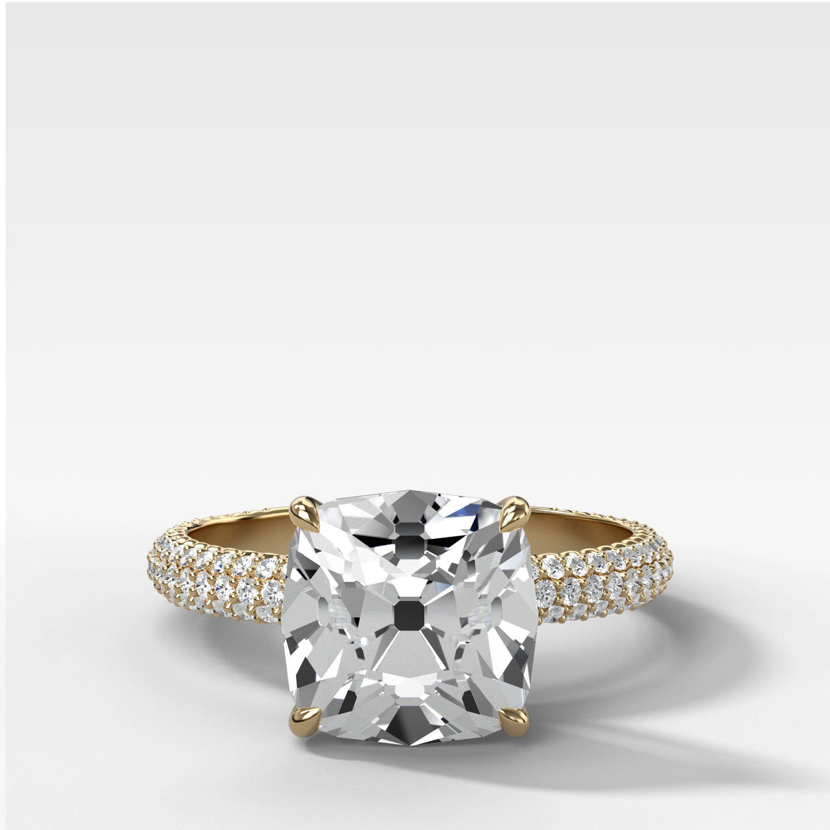 Triple Row Pavé Engagement Ring With Old Mine Cut in Yellow Gold by Good Stone