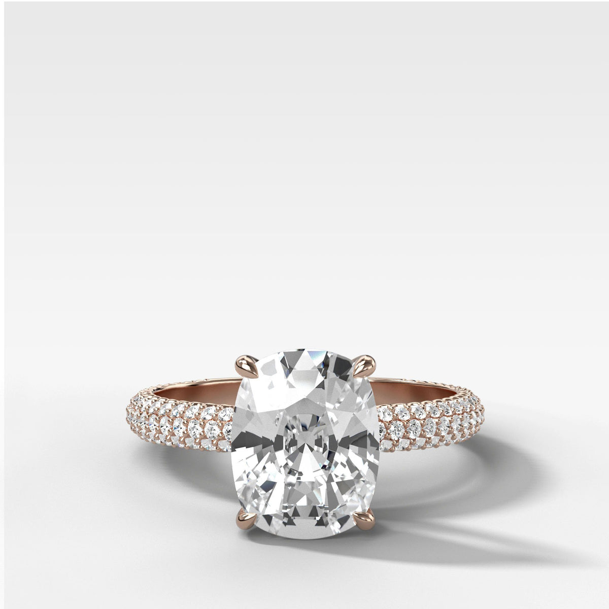 Triple Row Pavé Engagement Ring With Elongated Cushion Cut by Good Stone in Rose Gold