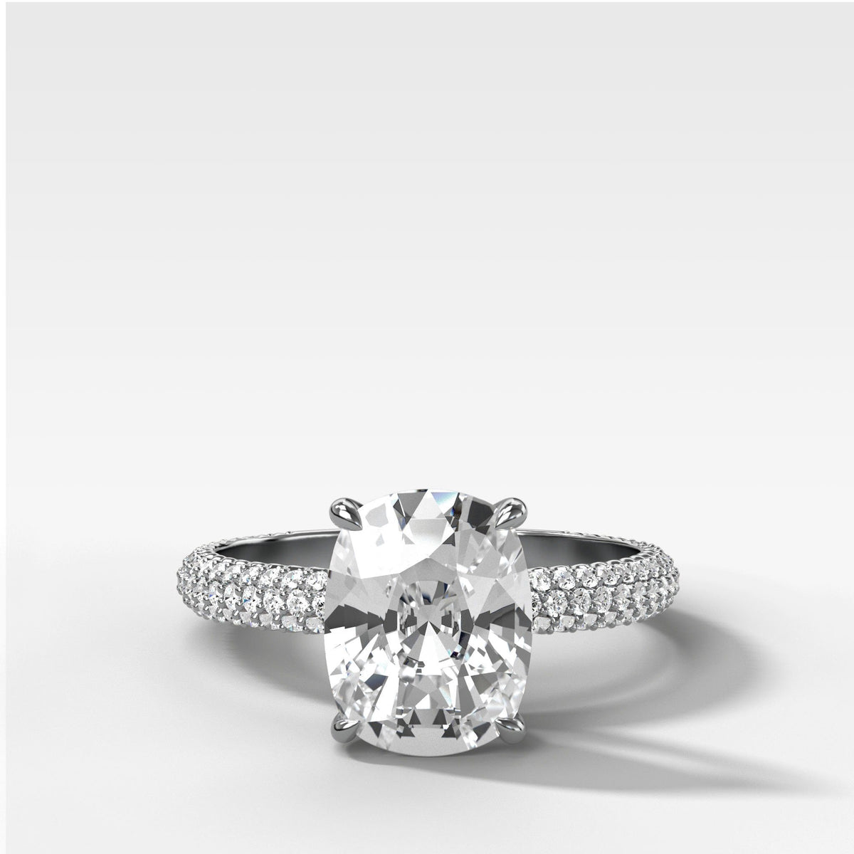 Triple Row Pavé Engagement Ring With Elongated Cushion Cut by Good Stone in White Gold