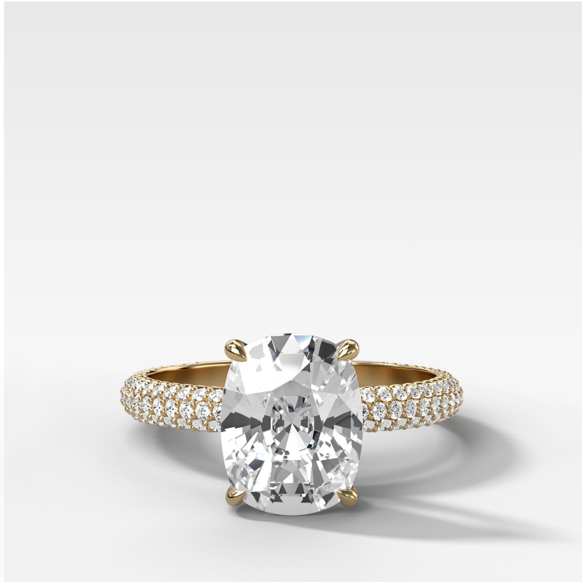 Triple Row Pavé Engagement Ring With Elongated Cushion Cut by Good Stone in Yellow Gold
