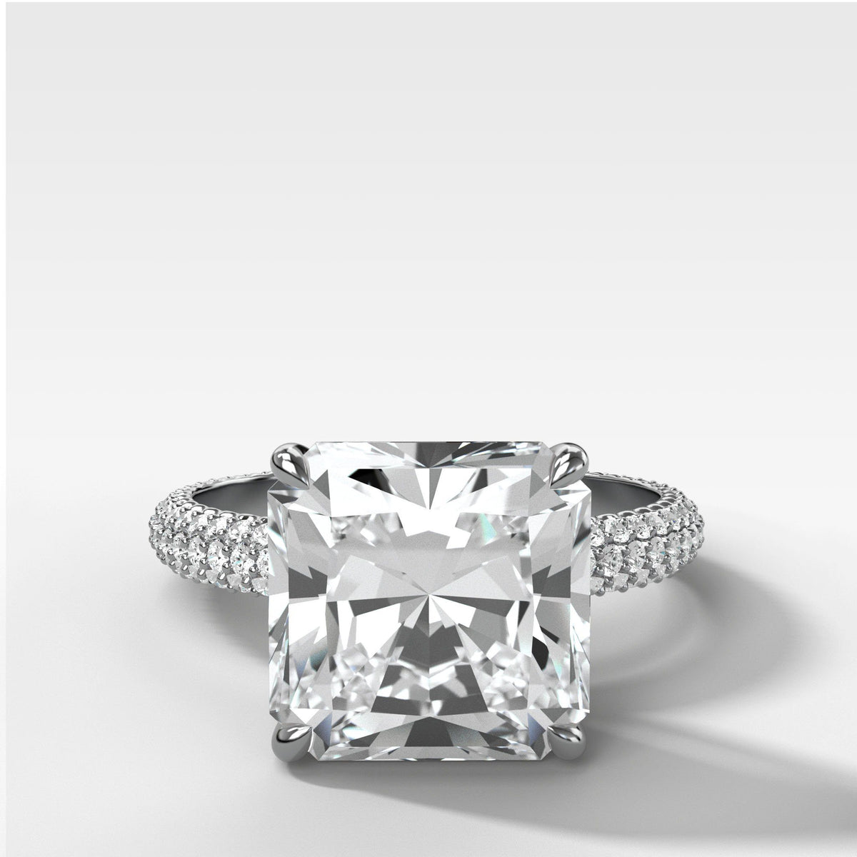 Triple Row Pavé Engagement Ring With Radiant Square Cut by Good Stone in White Gold