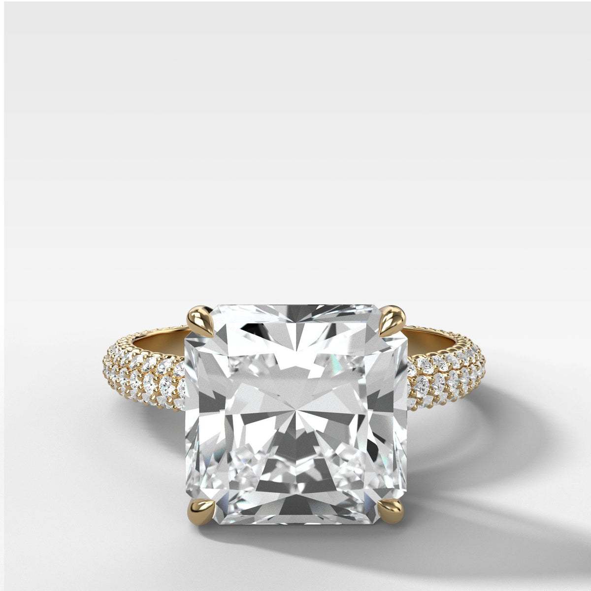 Triple Row Pavé Engagement Ring With Radiant Square Cut by Good Stone in Yellow Gold