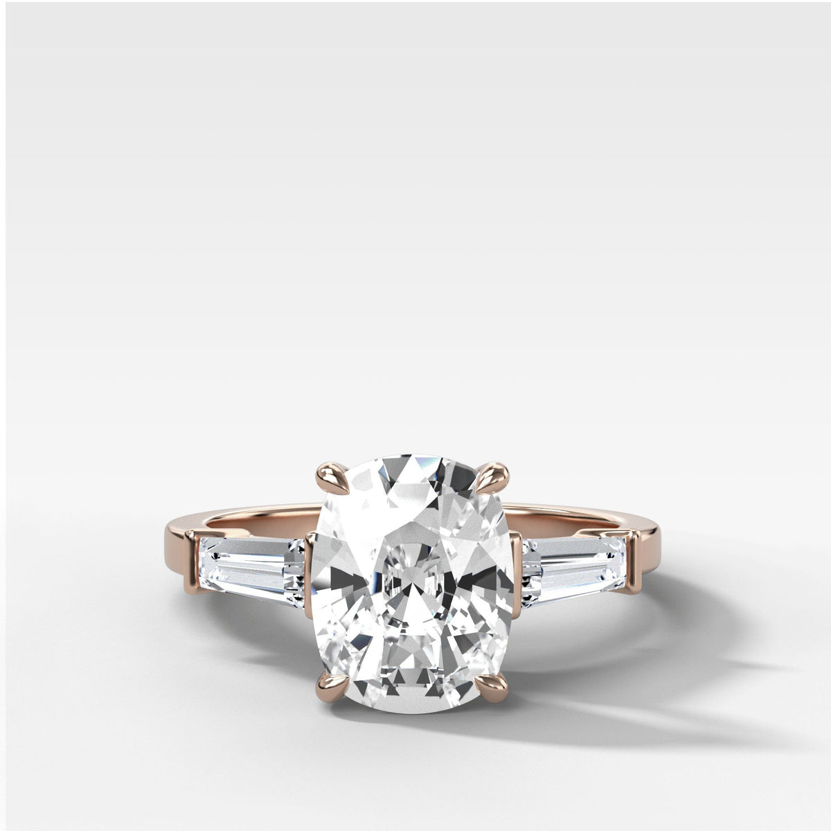 Translunar Tapered Baguette Engagement Ring With Elongated Cushion Cut by Good Stone in Rose Gold