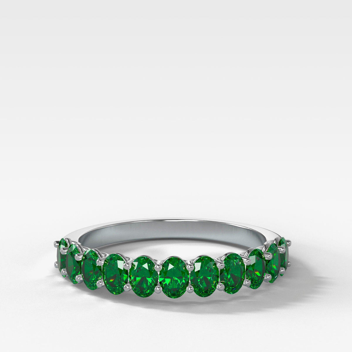 Petite Shared Prong Wedding Band with Green Oval Emeralds Band Good Stone Inc White Gold 14k Natural