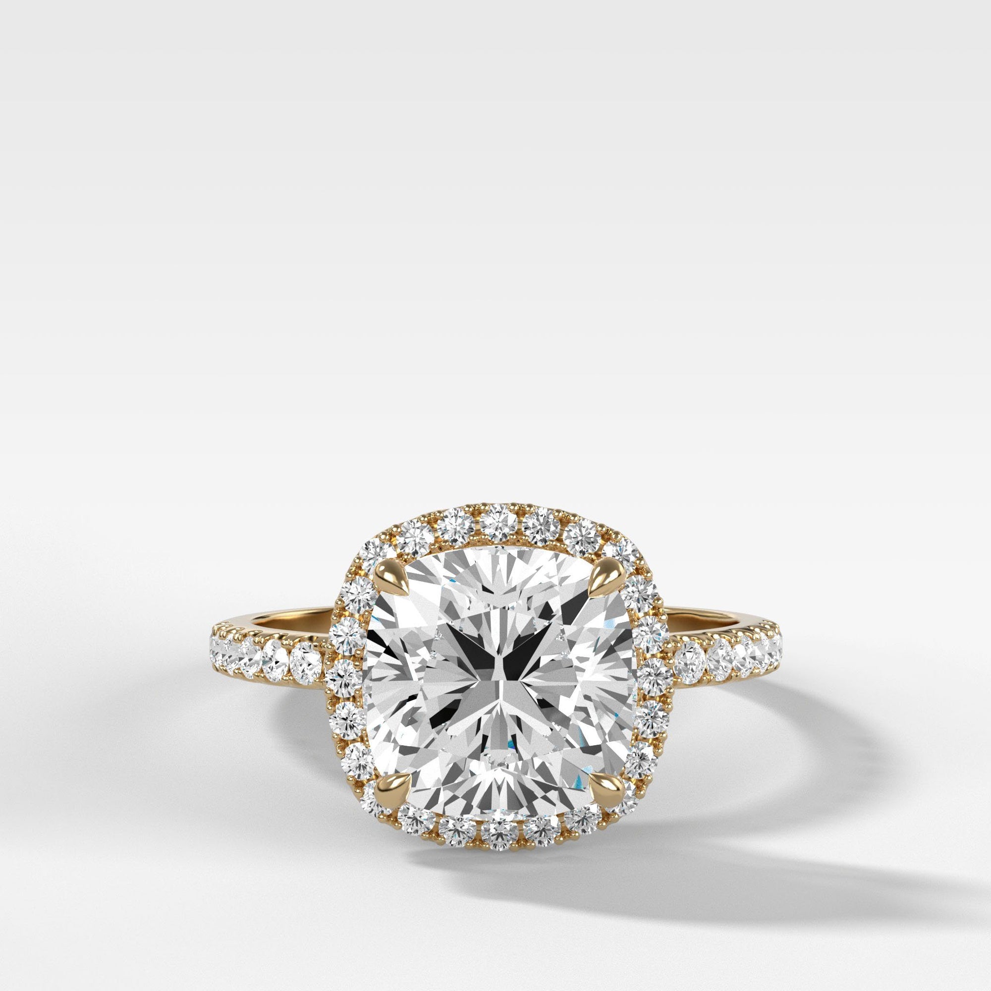 Aurora Pave Halo Ring With Cushion Cut by Good Stone in Yellow Gold