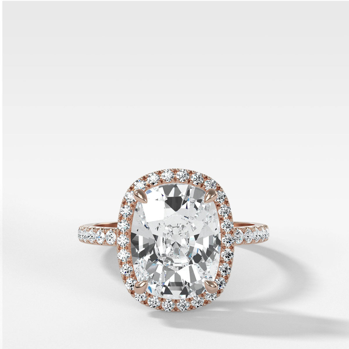 Aurora Pave Halo Ring With Elongated Cushion Cut by Good Stone in Rose Gold