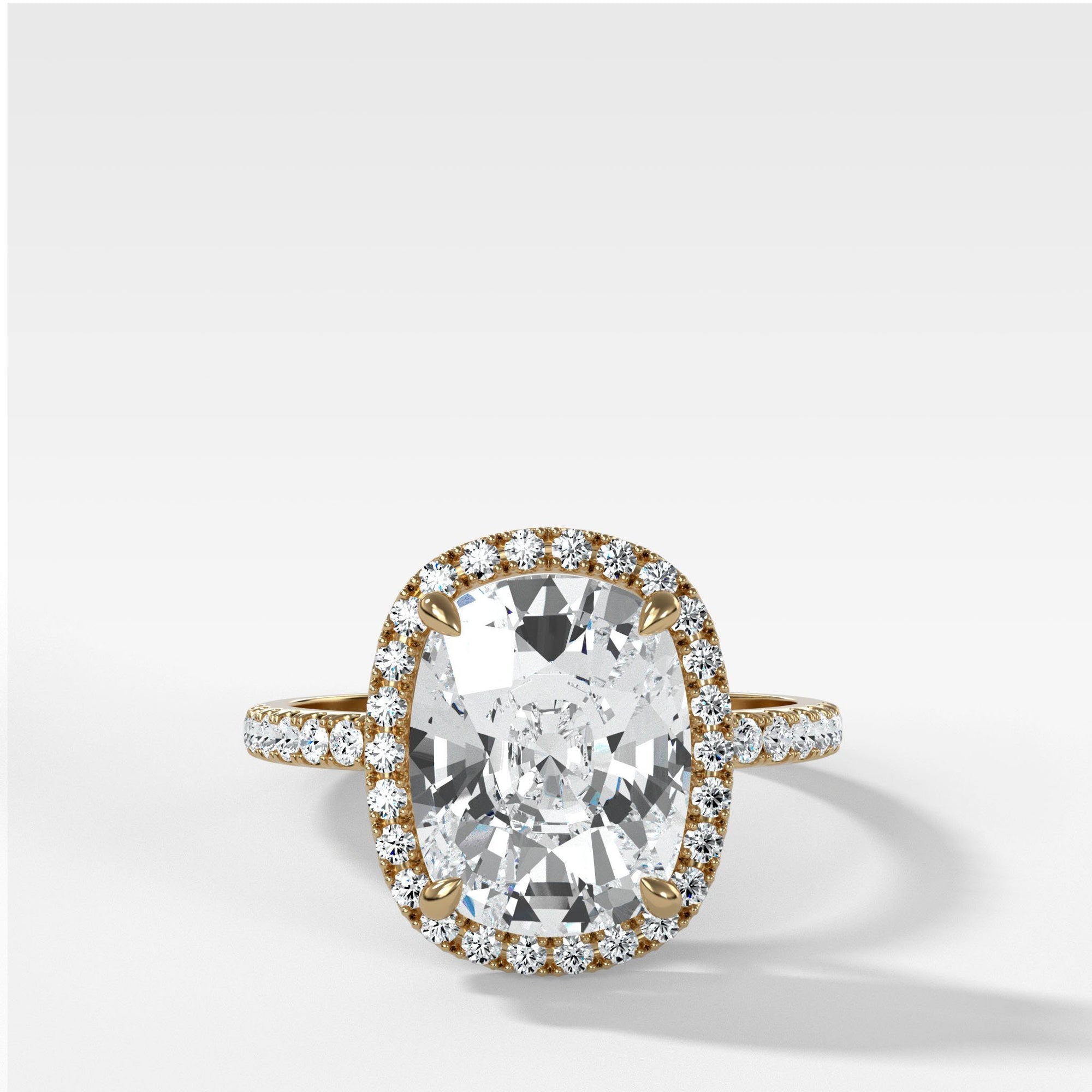 Aurora Pave Halo Ring With Elongated Cushion Cut by Good Stone in Yellow Gold