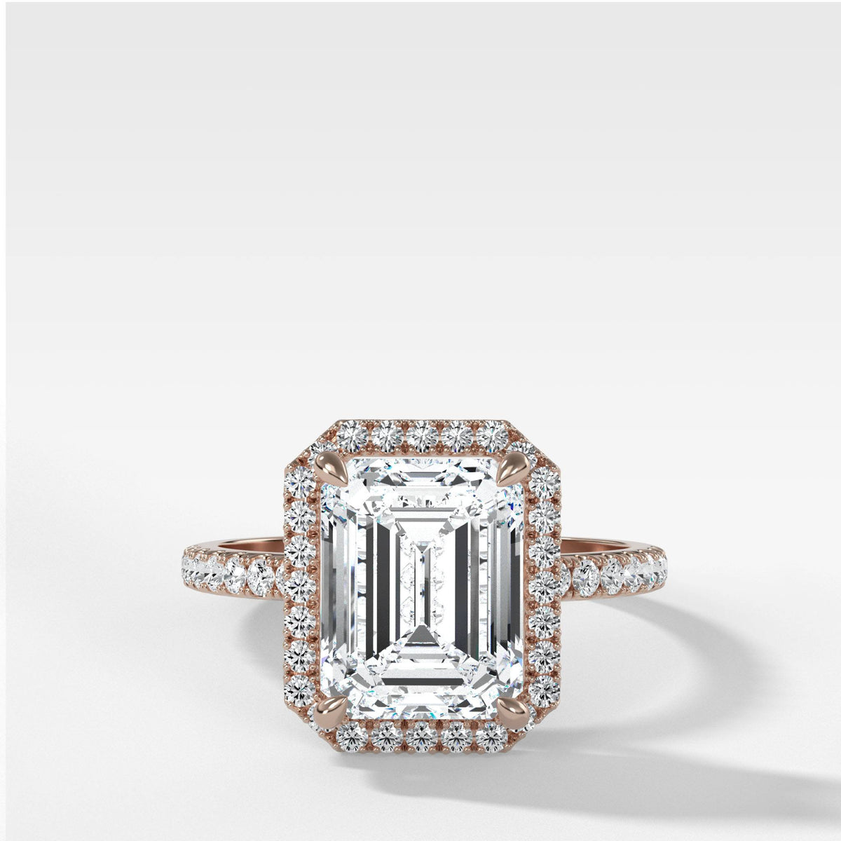 Aurora Pave Halo Ring With Emerald Cut by Good Stone in Rose Gold