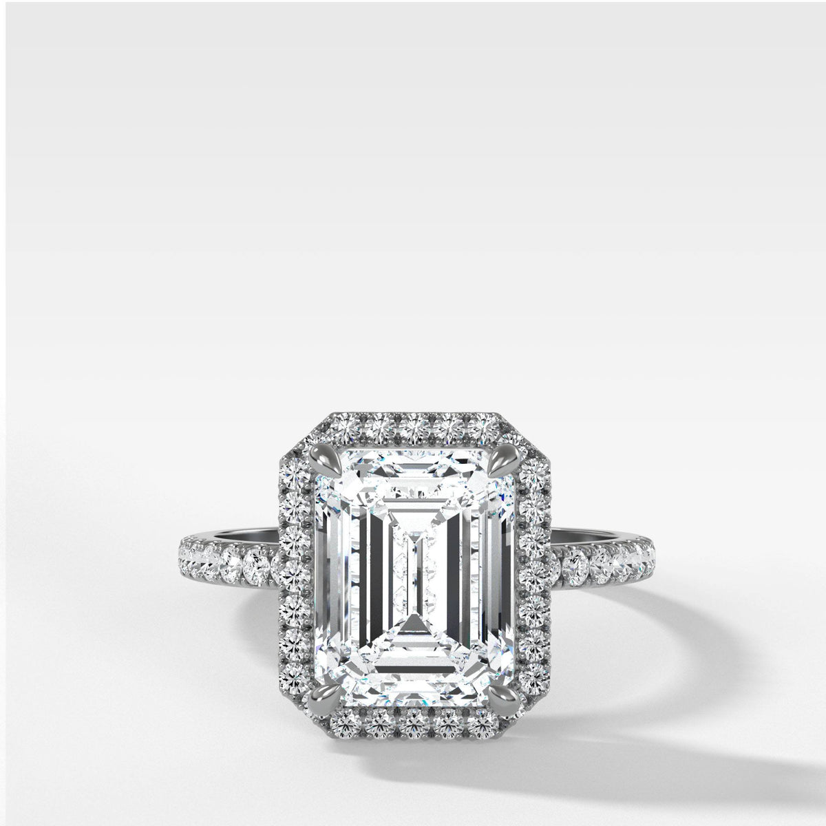 Aurora Pave Halo Ring With Emerald Cut by Good Stone in White Gold