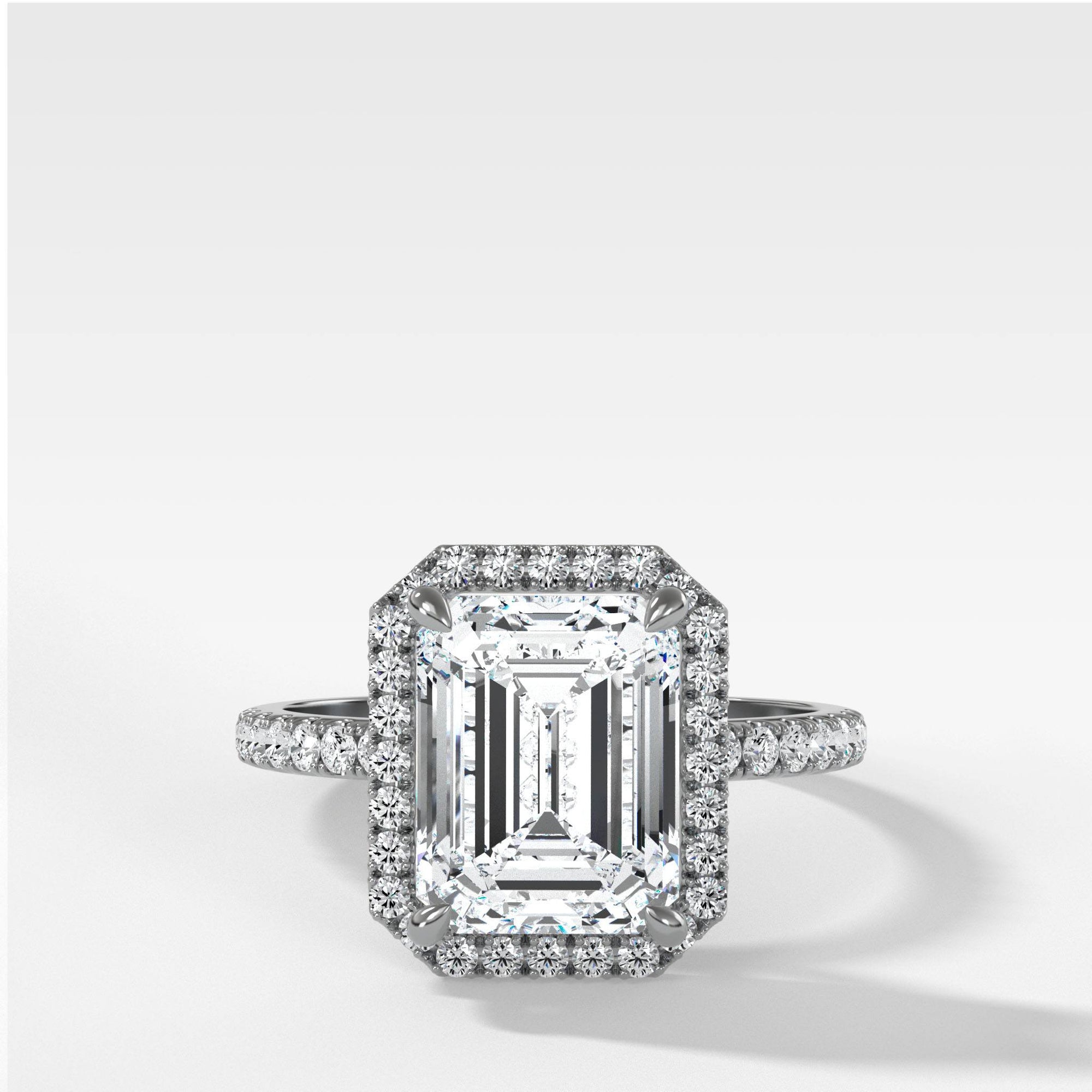 Aurora Pave Halo Ring With Emerald Cut by Good Stone in Yellow Gold