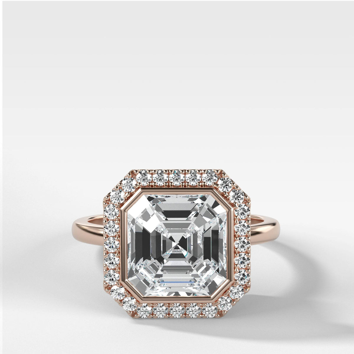 Bezel Set Halo Engagement Ring With Asscher Cut by Good Stone in Rose Gold