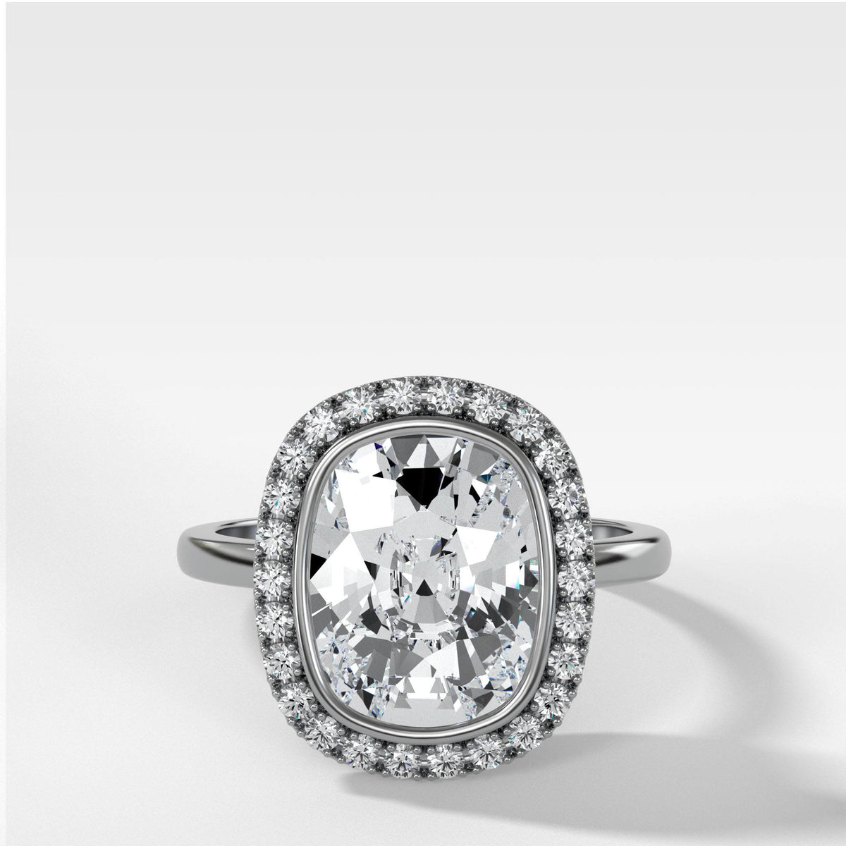 Bezel Set Halo Engagement Ring With Elongated Cushion Cut by Good Stone in White Gold