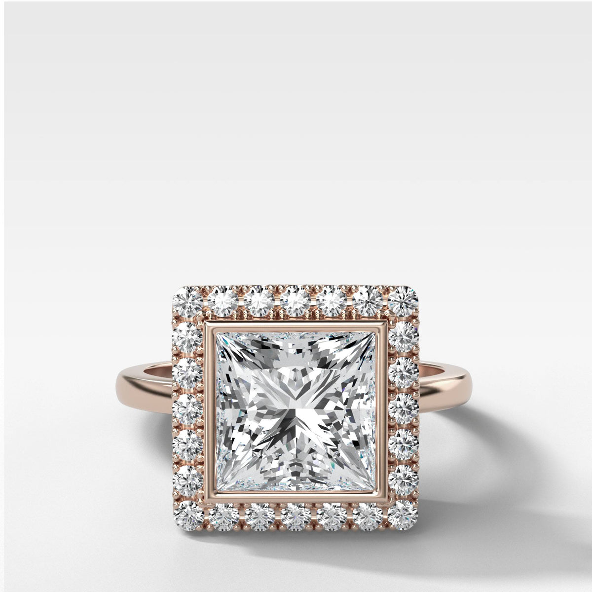Bezel Set Halo Engagement Ring With Princess Cut by Good Stone in Rose Gold