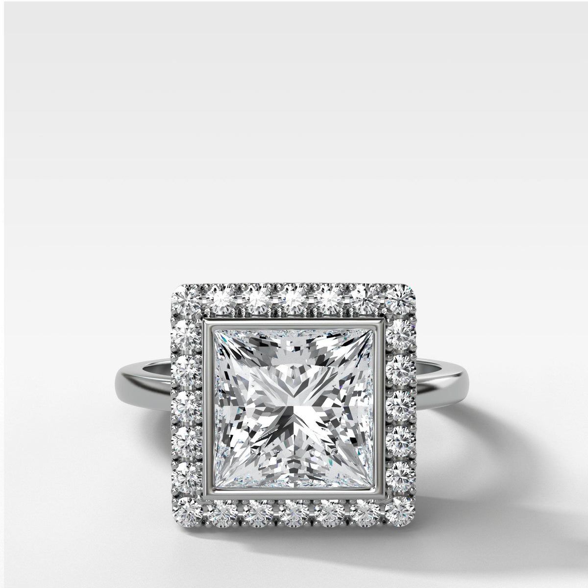 Bezel Set Halo Engagement Ring With Princess Cut by Good Stone in White Gold