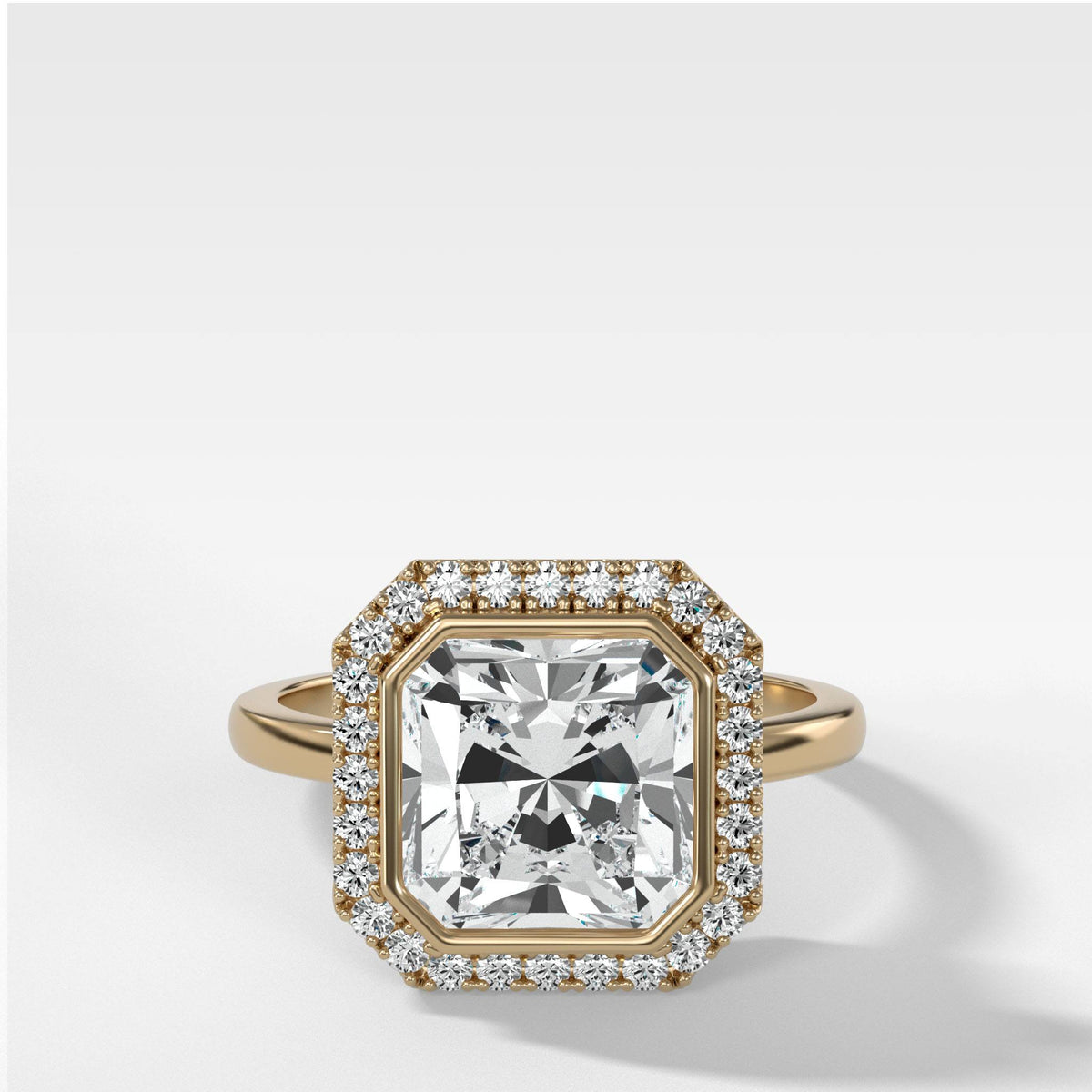 Bezel Set Halo Engagement Ring With Radiant Square Cut by Good Stone in Yellow Gold
