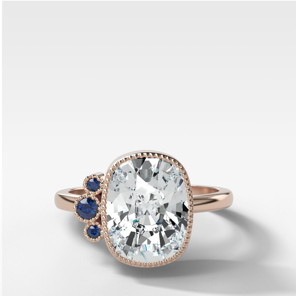 Blue Cluster Engagement Ring With Elongated Cushion Cut by Good Stone in Rose Gold
