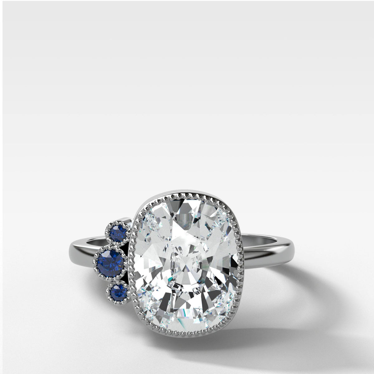 Blue Cluster Engagement Ring With Elongated Cushion Cut by Good Stone in White Gold