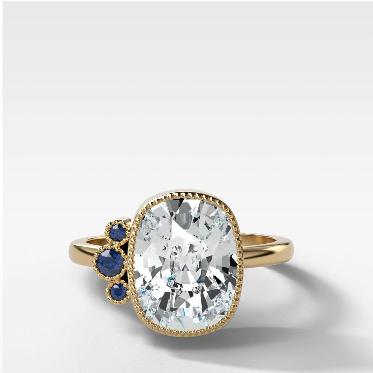 Blue Cluster Engagement Ring With Elongated Cushion Cut by Good Stone in Yellow Gold
