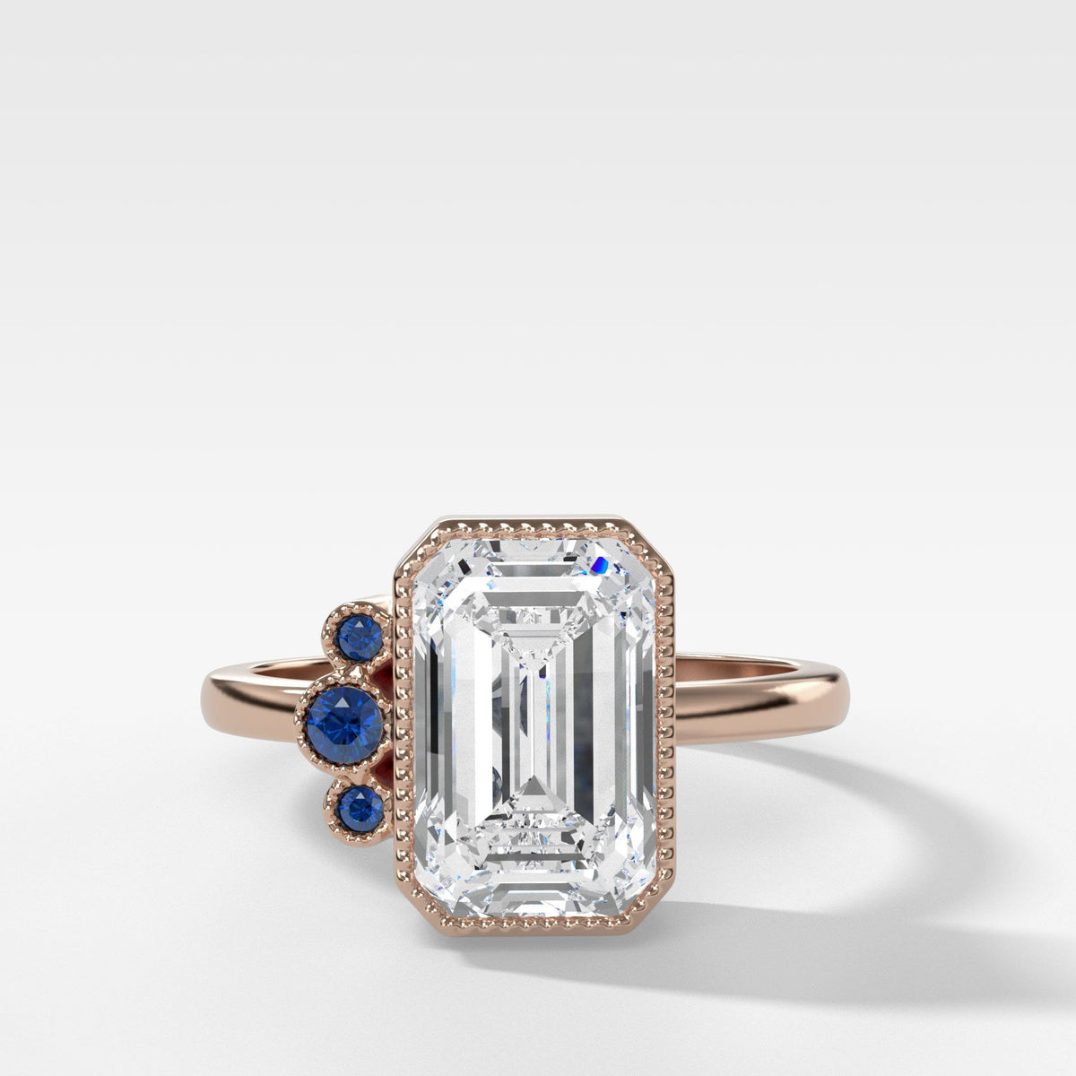 Blue Cluster Engagement Ring With Emerald Cut by Good Stone in Rose Gold