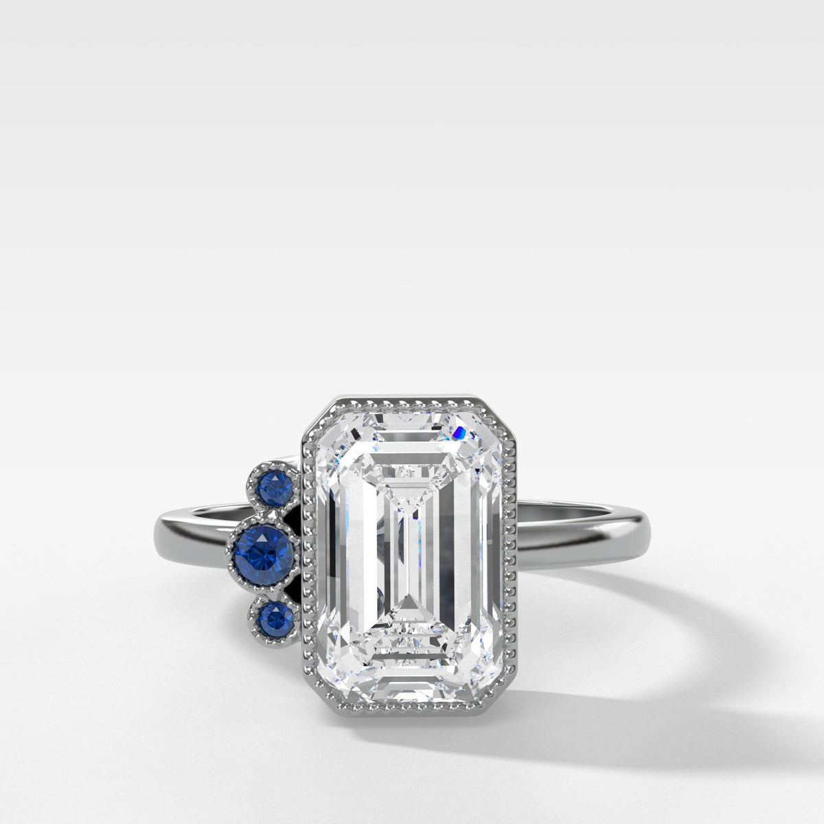 Blue Cluster Engagement Ring With Emerald Cut by Good Stone in White Gold