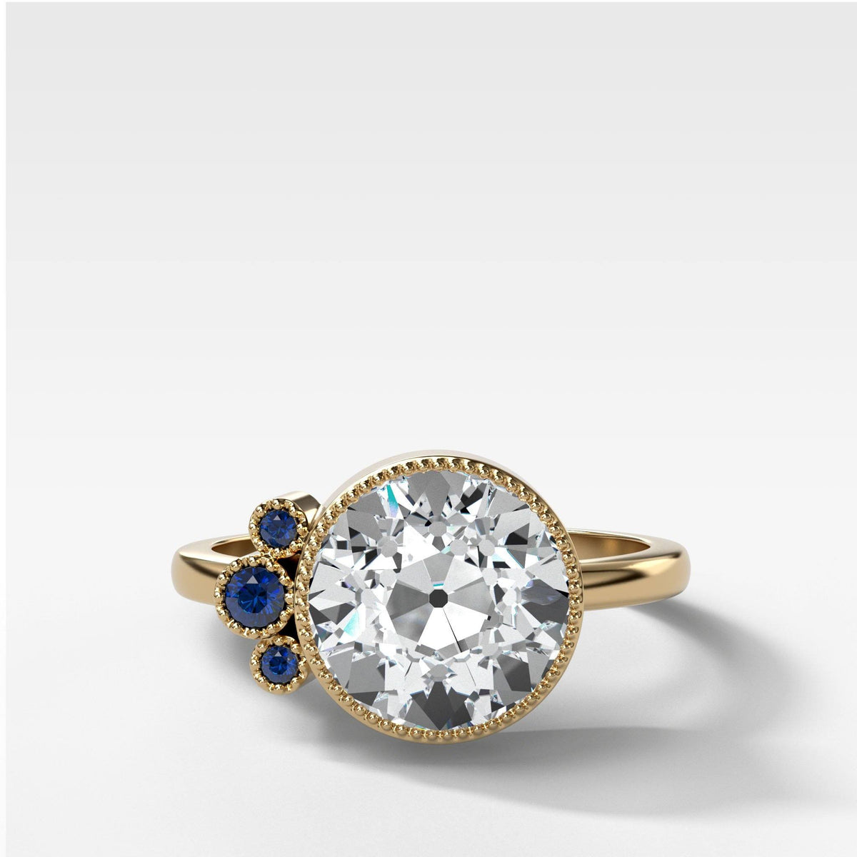 Blue Cluster Engagement Ring With Old Euro Cut by Good Stone in Yellow Gold