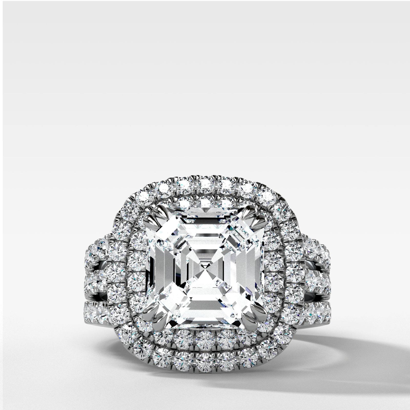 Double Halo Triple Shank Engagement Ring With Asscher Cut by Good Stone in Yellow Gold